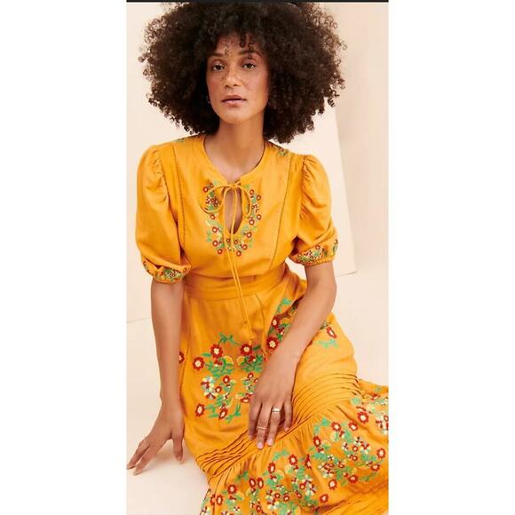 Ollari maxi Dress Yellow/Orange linen from Anthropologie Mexican pattern boho - Picture 1 of 15
